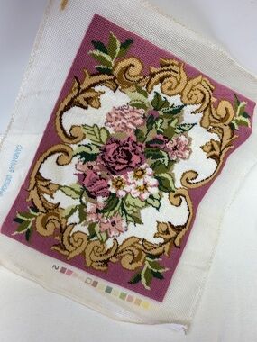 Vintage 16 x 12 completed floral embroidery needlepoint panel by Candamar